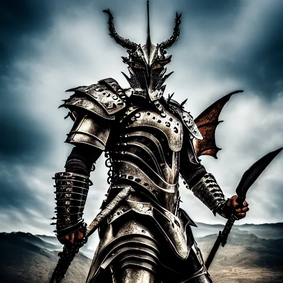 Image similar to photo of a warrior with metal dragon theme armour, 4 k, hdr, smooth, sharp focus, high resolution, award - winning photo