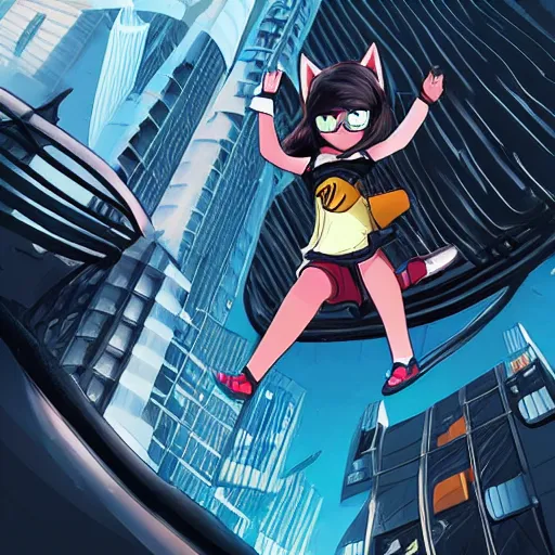 Image similar to a fierce looking 7 year old girl with cat ears, jumping from a rooftop, futuristic city, fiona staples