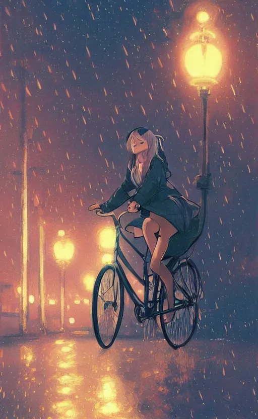 Image similar to a beautiful illustration of a woman riding a bicycle in a rainy night, fiery particles, anime aesthetic, midnight theme, depth of field, bokeh, composition study, featured on artstation, by art by artgerm and greg rutkowski and alphonse mucha, vertical orientation