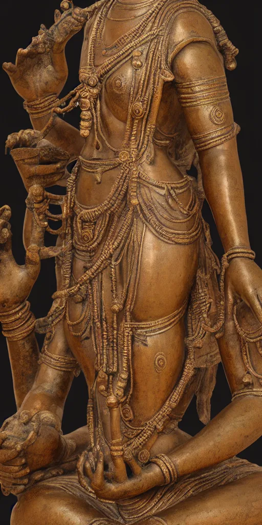 Image similar to detailed photo of an old bronze patina statue of lakshmi indian godess, full body portrait, photorealism, intricate detail, museum diffuse lighting