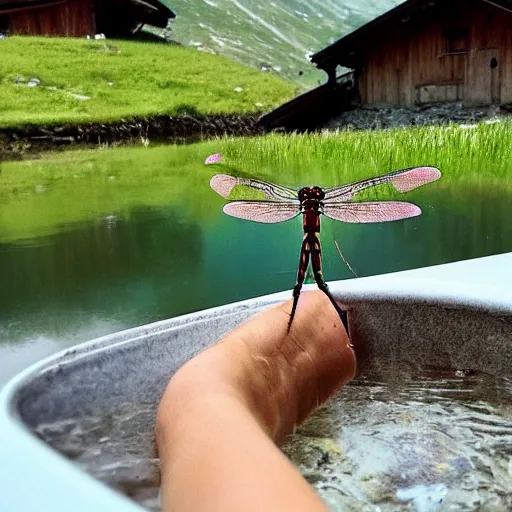 Image similar to dragonfly in a bathtub in the alps, goats!!!!!!!! in background