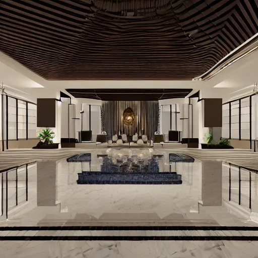 Image similar to realistic luxury hotel lobby interior in miami with pools in the background, corona render, detailed