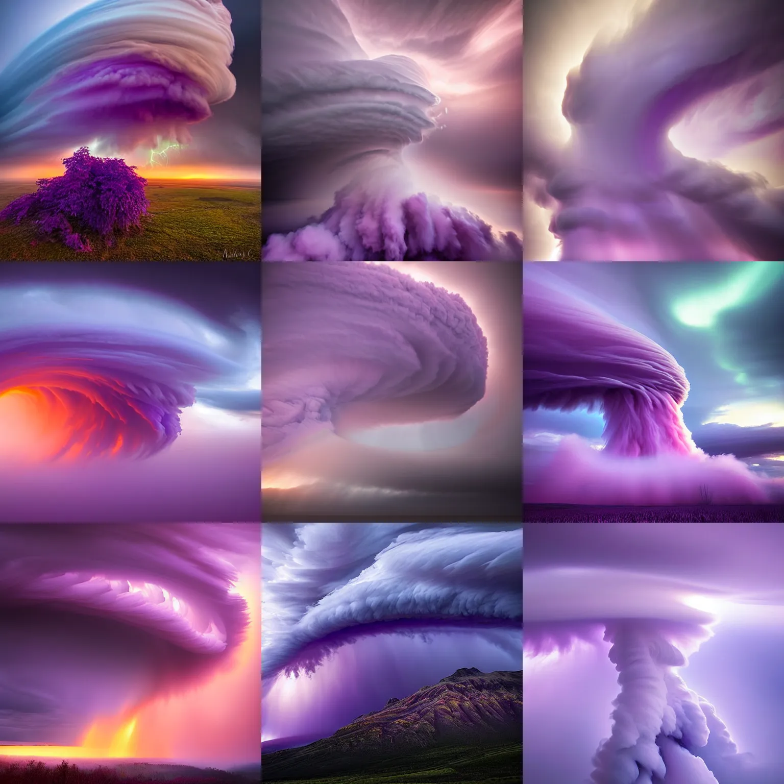 Image similar to amazing photo of purple clouds in the shape of a tornado by marc adamus, digital art, beautiful dramatic lighting