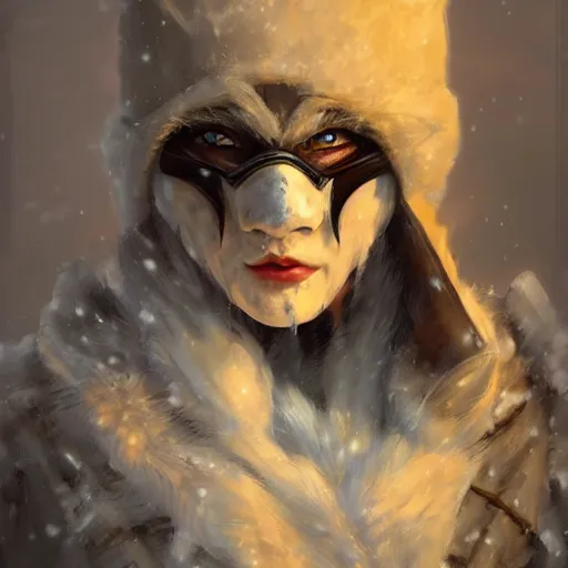 Image similar to fantasy snow bandit ‘ icewind dale ’ with mask, snow scene, ‘ icewind dale 2 ’ profile portrait by ‘ justin sweet ’, falling snow, soft focus, oil paint, artstation