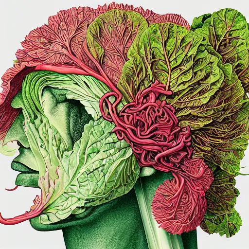 Prompt: the anatomy of a head of lettuce, an ultrafine detailed painting by james jean, intricate linework, bright colors, final fantasy, behance contest winner, vanitas, angular, altermodern, unreal engine, global illumination, radiant light, detailed and intricate environment