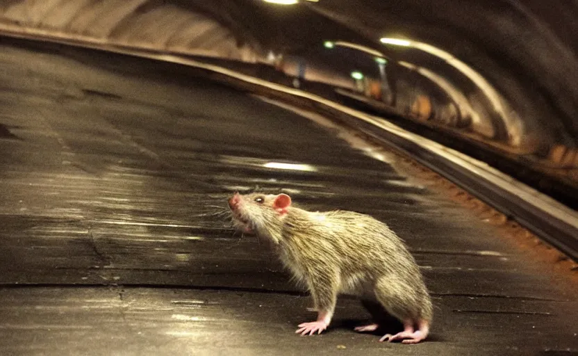 Image similar to very large giant mutant antropomorphic rat in tonnel of moscow subway. extreme high detail. fear, darkness, photo by russos