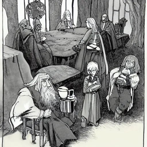 Prompt: lord of the rings gandalf drinking tea with hobbits in the shire, anime studio ghibili