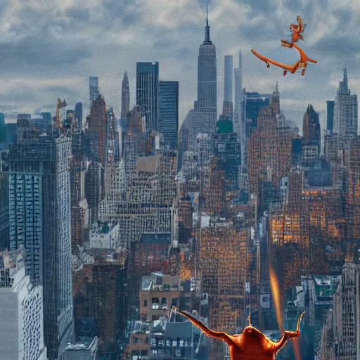 Image similar to charizard flying above new york, realistic extremely detailed photo style painting, granular detail, holographic krypton ion, octane render, 4 k, f 3 2, 5 5 mm photography, wide angle