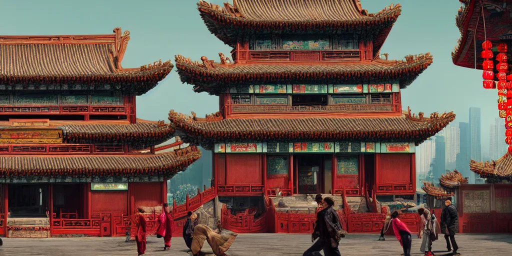 Prompt: a very high resolution image from a new movie, upside - down old chinese pavilion and cyberpunk city, beautiful scenery, photorealistic, photography, directed by wes anderson