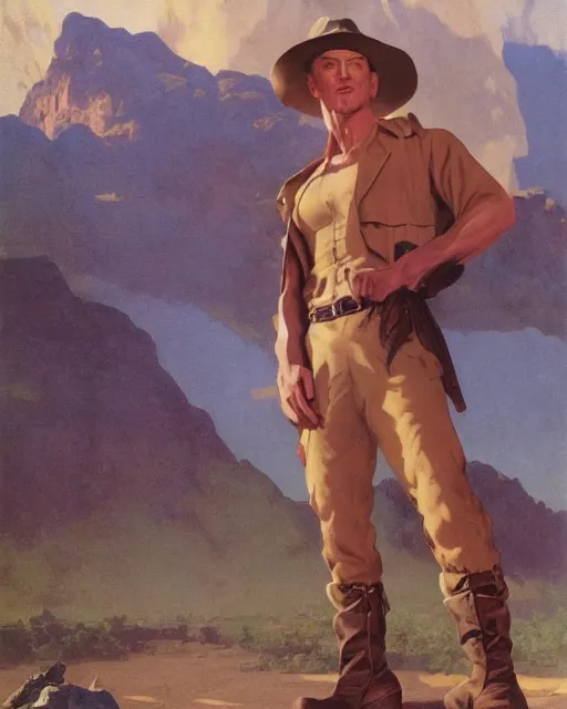 Image similar to doc savage in the desert wearing jodhpers and knee high boots, fantasy character portrait, ultra realistic, concept art, intricate details, highly detailed by soft light, volumetric light, misty, william adolphe bouguereau, munch, maxfield parrish, james bama, and frank frazetta