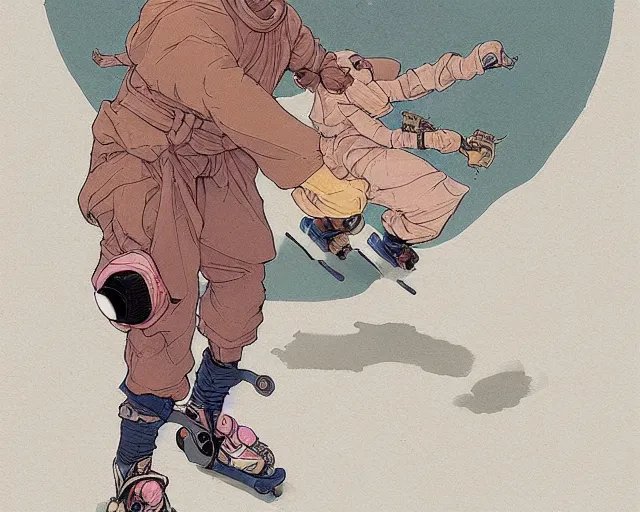 Image similar to a cell shaded cartoon of a monk in rollerblades, illustration, subtle colors, post grunge, concept art by josan gonzales and wlop, by james jean, Victo ngai, David Rubín, Mike Mignola, Laurie Greasley, highly detailed, sharp focus, alien, Trending on Artstation, HQ, deviantart, art by artgem