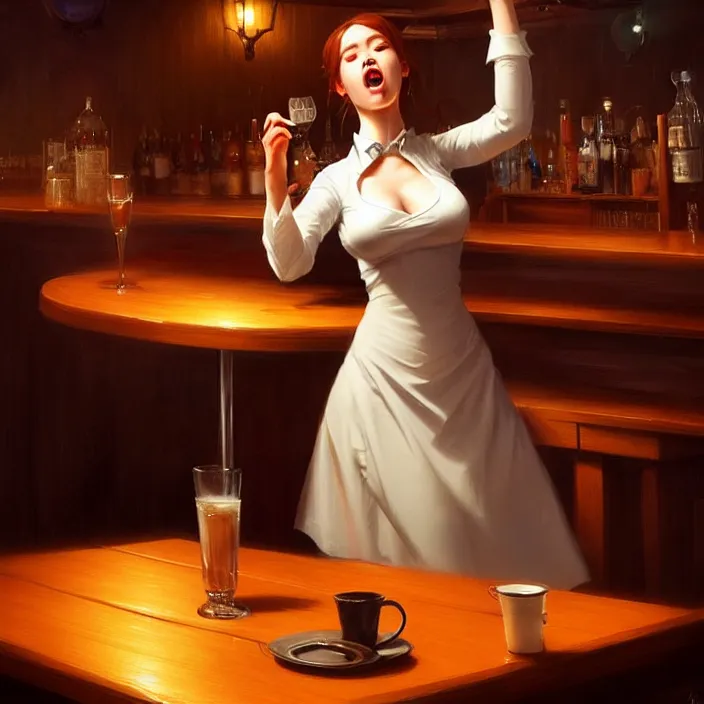 Prompt: a waitress singing on a table in a bar, elegant, real life skin, intricate artwork, high detailed, artstation, concept art, smooth, sharp focus, art by artgerm and greg rutkowski