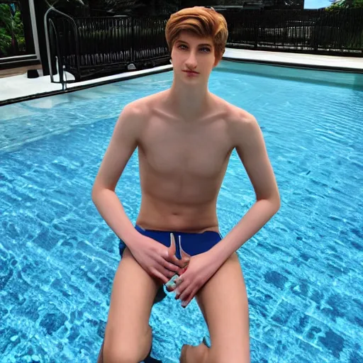 Prompt: a realistic detailed photo of a guy who is an attractive humanoid who is half robot and half humanoid, who is a male android, twitch stream ninja tyler blevins, shiny skin, posing like a statue, blank stare, by the pool, on display