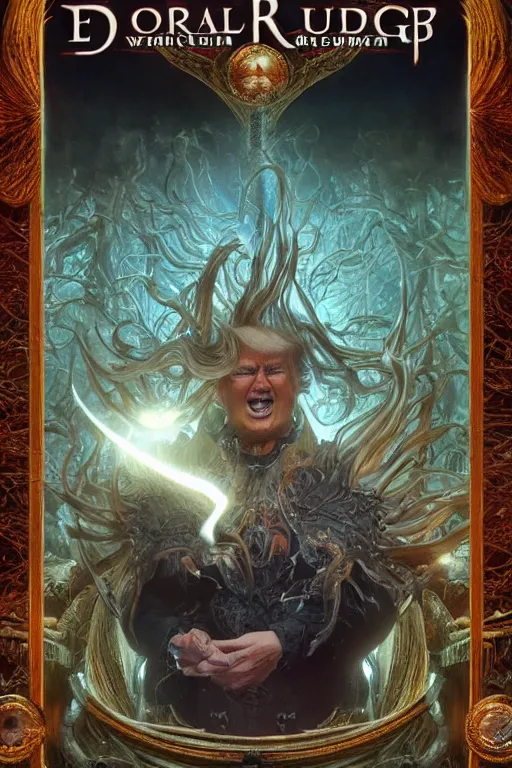 Image similar to an ultra detailed 3 d render of donald trump as an elden ring boss, 8 k resolution, in the style of a fantasy metal album cover, volumetric lighting, smooth, highly detailed, digital illustration, octane render, art by jeong seon and greg rutkowsi and alphonse mucha, artstation