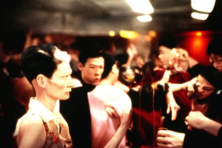 Prompt: Tilda Swinton at a nightclub in a Wong Kar-wai film, 35mm film