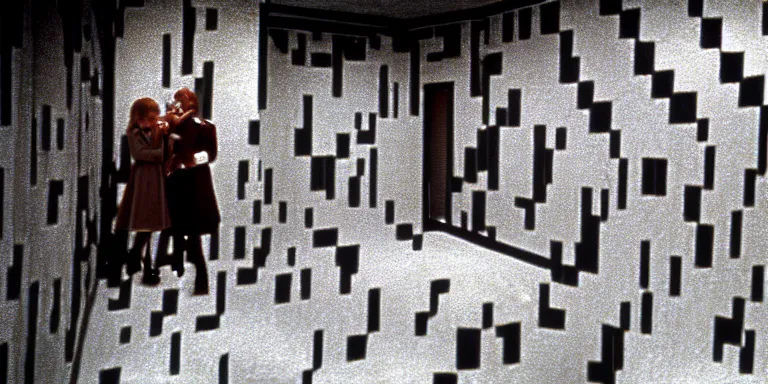 Image similar to photorealistic ultra wide cinematography of danny and wendy torrance from stanley kubrick's 1 9 8 0 film the shining, walking and navigating the overlook hotel's hedge labyrinth shot on 3 5 mm eastman 5 2 4 7 film by the shining cinematographer john alcott shot on a wide kinoptik tegea 9. 8 mm lens. with golden ratio composition