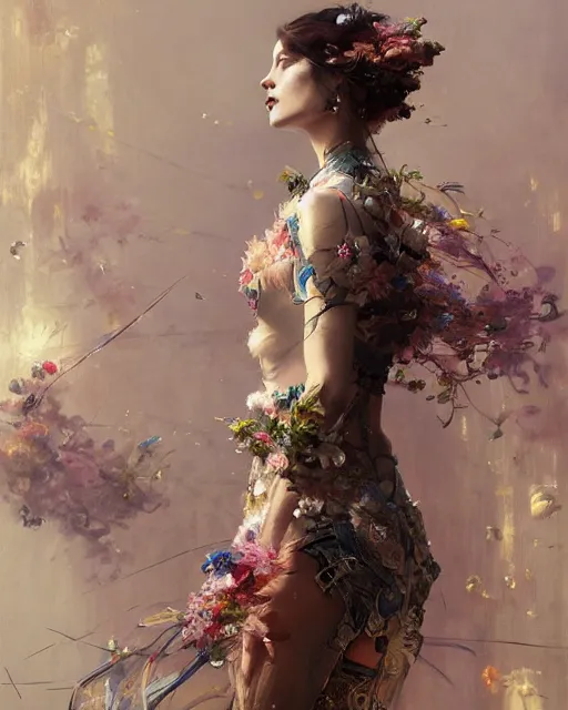 Image similar to 4k cinematic full view ethereal elysian female wearing intricate Floralpunk attire by Ruan Jia by Greg Rutkowski, art nouveau style, detailed and realistic, poetic and symbolic, Artstation