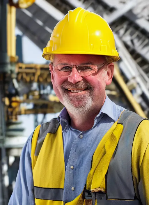 Prompt: closeup portrait of cheerful bryan craston as a crane operator, yellow hardhat, natural light, bloom, detailed face, magazine, press, photo, steve mccurry, david lazar, canon, nikon, focus