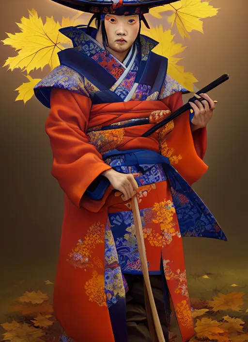 Prompt: kitsune samurai in autumn color kimono holding a blue sparrow, subsurface scattering, by jesper ejsing, justin gerard, tomasz alen kopera, cgsociety and fenghua zhong, highly detailed, rim light, cinematic lighting, illustration, art, octane render, very coherent, cinematic, hyper realism, high detail, octane render, 8 k