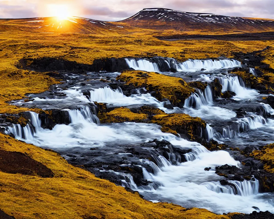 Prompt: an icelandic landscape, golden hour, waterfall, hyper - realistic