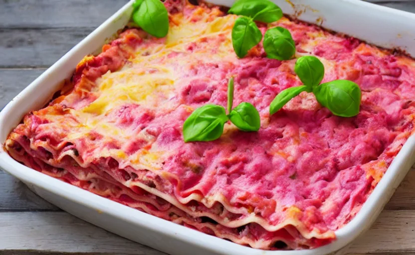 Prompt: pink lasagna, food photography, outdoors