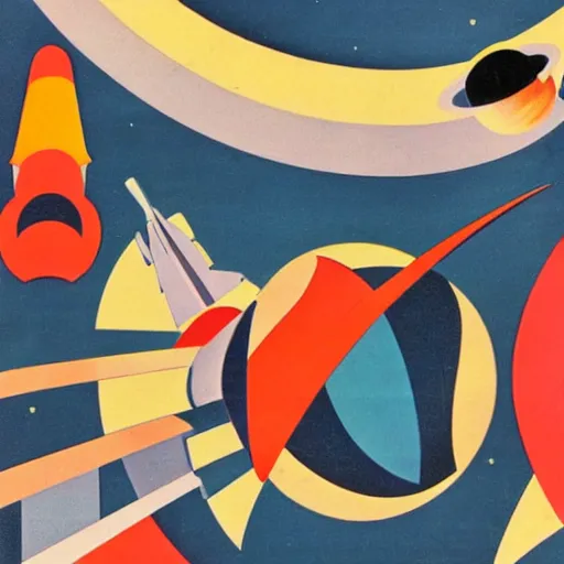 Image similar to an abstract mid - century modern collage of random shapes cut from vintage science and fashion magazines depicting the future of space travel as imagined in 1 9 5 6. nasa.