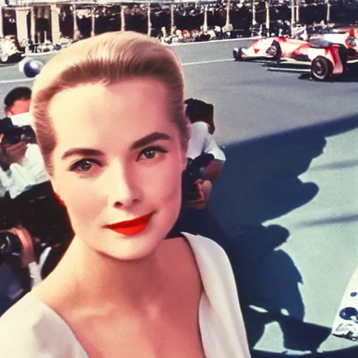 Image similar to selfie smartphone photo of a young Grace Kelly at the Monaco Gran Prix, F1 cars blurred in background, iphone photo, smartphone resolution, trending on instagram, influencer photography