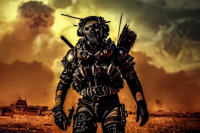 Image similar to a fursona ( from the furry fandom ), heavily armed and armored facing down armageddon in a dark and gritty version from the makers of mad max : fury road. witness me.