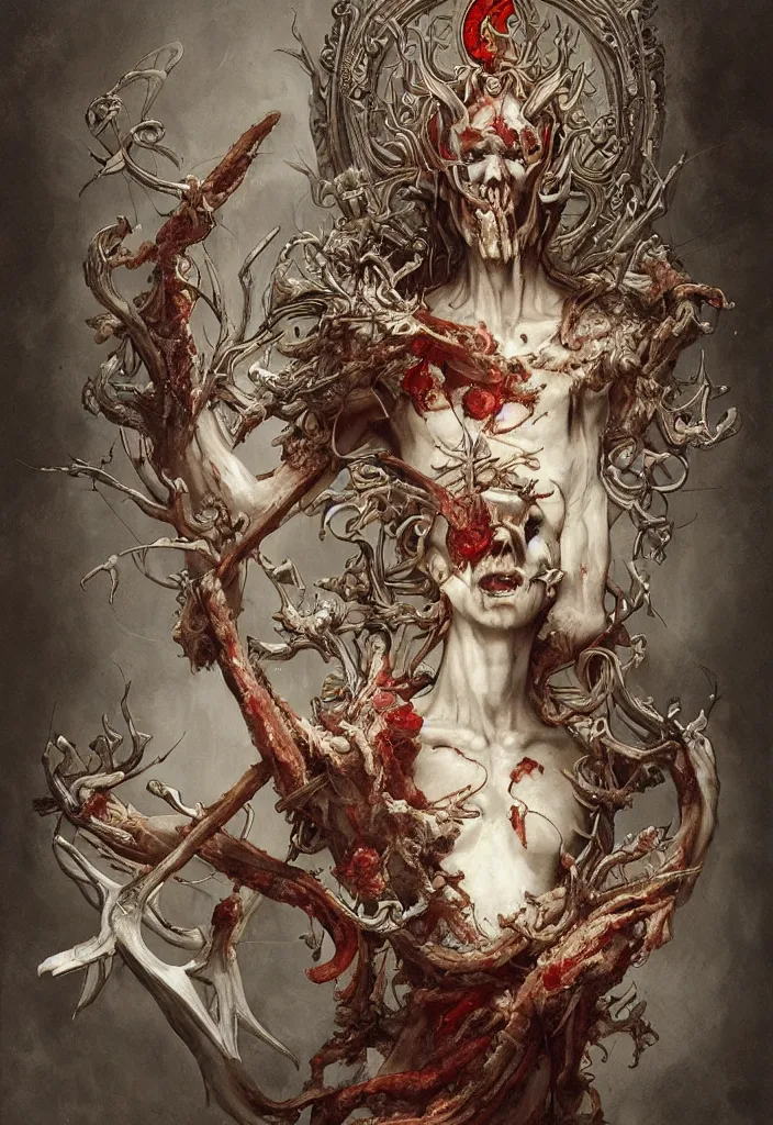 Prompt: breathtaking detailed painting of a devil god of meat and bones, intricate art nouveau white sickle crown, meat and blood stained glass, rembrandt style, elegant, highly detailed, artstation, concept art, matte, sharp focus, art by tom bagshaw, and peter mohrbacher