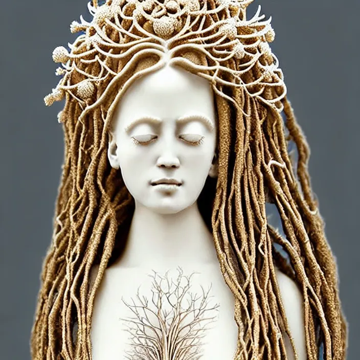 Image similar to Portrait of a beautiful woman like a queen-roots-angel, dressed in long elegant intricate ornamental roots white dress, natural skin tone, intricate mandelbrot fractal highly detailed roots ornament in the upper side of breast, bust with a very long neck , hair are wired roots, elegant, highly detailed intricate roots ornament in her long hair, Realistic, Refined, Highly Detailed, natural lighting colors scheme, fine art photography by Flora Borsi, volumetric lighting, hyper realistic photography, 8k