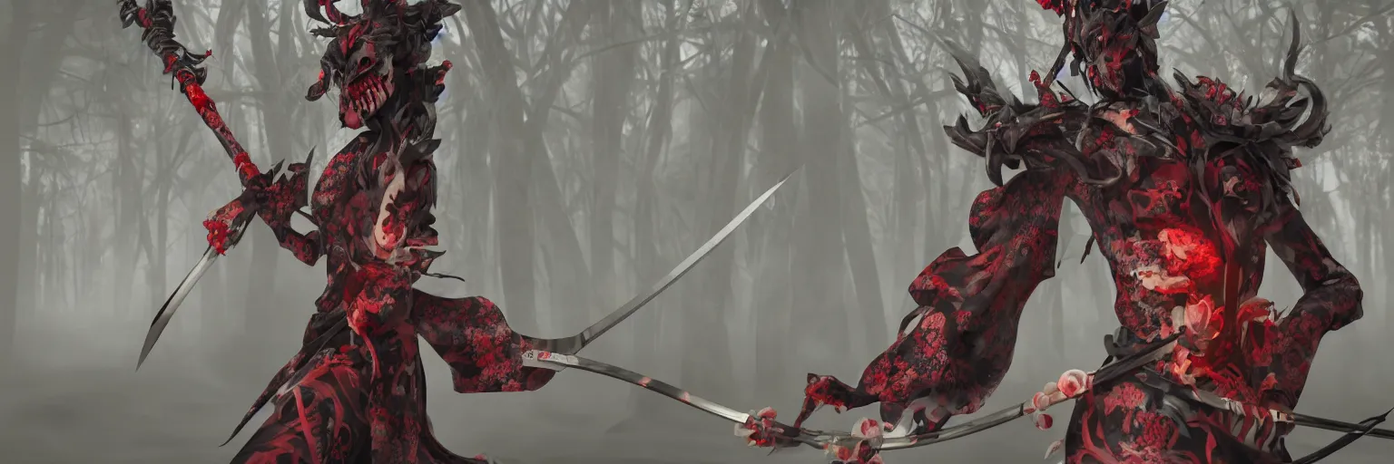 Image similar to a beautiful 3 d render of a giesha demon wearing a kimono + holding a samurai sword, innovative avant - garde art, deco fashion, photorealistic + in a serene forest setting!!!!!!!, concept art, award winning, 4 k, rule of thirds, volumetric lighting, hyper detailed, confident, moody, dramatic, octane render