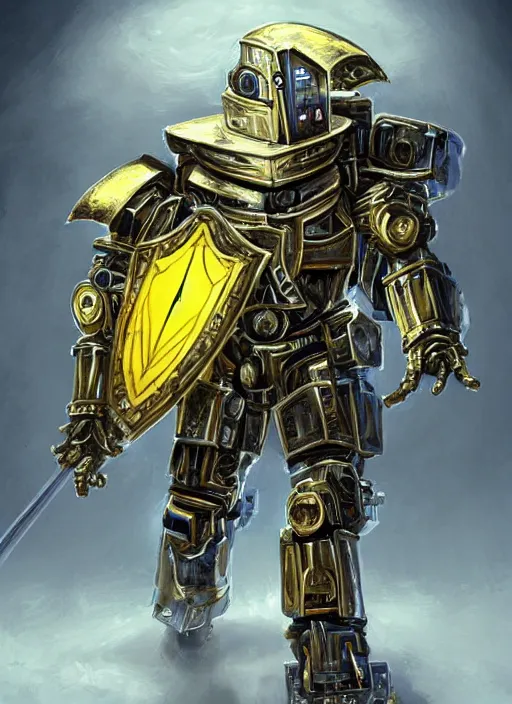 Prompt: full body, dynamic attack position abstract portrait of a intricate glorious holy mechanical warforged character in yellow armor holding a paladin engraved great longsword drawn and carrying a big paladin shield, glowing!!!! eye!!!!!, face in focus, pit droid, epic , trending on ArtStation, masterpiece, cinematic lighting, by Ross Tran and by Greg Rutkowski