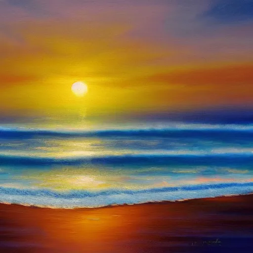 Image similar to sea, wavy, sun at dawn reflecting on the sea cloudy oil painting 4 k