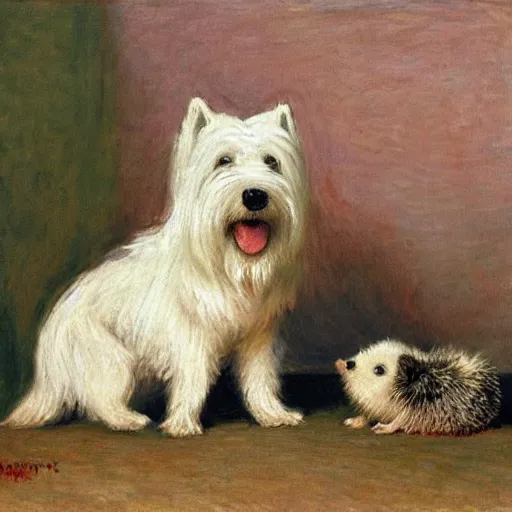 Prompt: a westie dog biting a stuffed hedgehog in a living room by monet