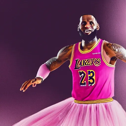 Image similar to paparazzi photo of Lebron James wearing ballet clothes, pink skirt, pink shirt, ponytail, ultra high definition, professional photography, dynamic shot, smiling, high angle view, portrait, Cinematic focus, Polaroid photo, vintage, neutral colors, soft lights, foggy, by Steve Hanks, by Serov Valentin, by lisa yuskavage, by Andrei Tarkovsky 8k render, detailed, oil on canvas