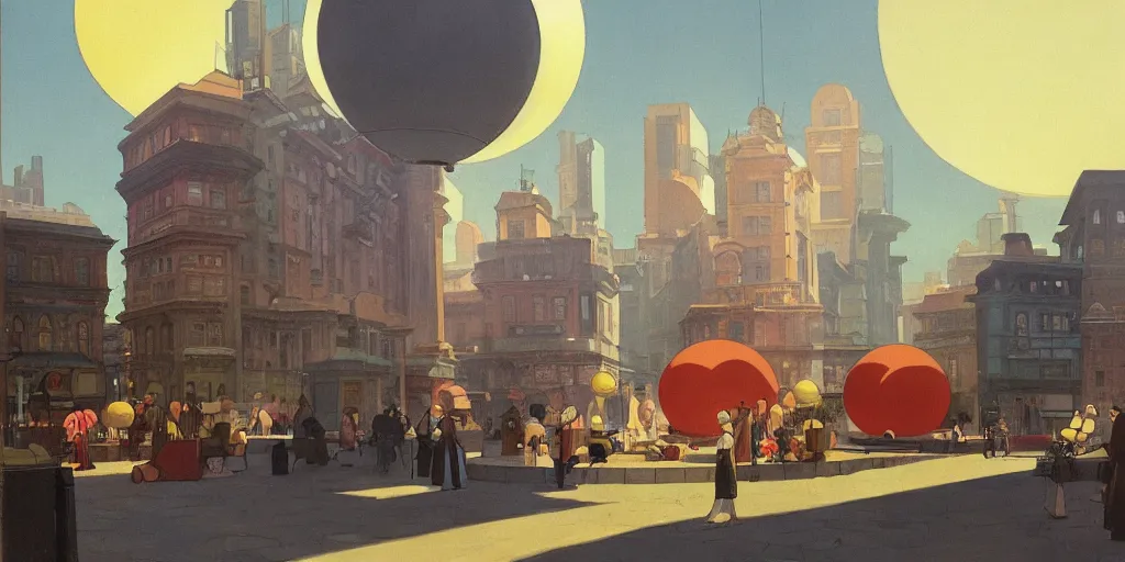 Image similar to A large radiant spherical object lights up an immense city square, dieselpunk, by Studio Ghibli and Edward Hopper