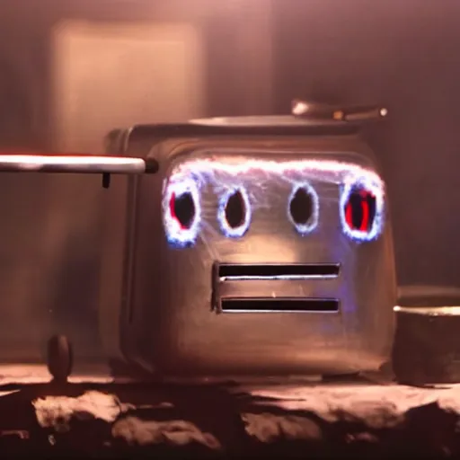 Prompt: an evil toaster with tiny legs and buggy eyes jumping to a kitchen table in a thrilling chase scene from a movie starring keanu reeves, cinematic, realistic