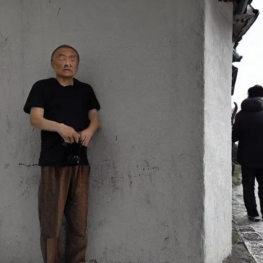 Prompt: Middle-aged Chinese man snaps a photo from a hiding place of an unsuspecting Polish woman