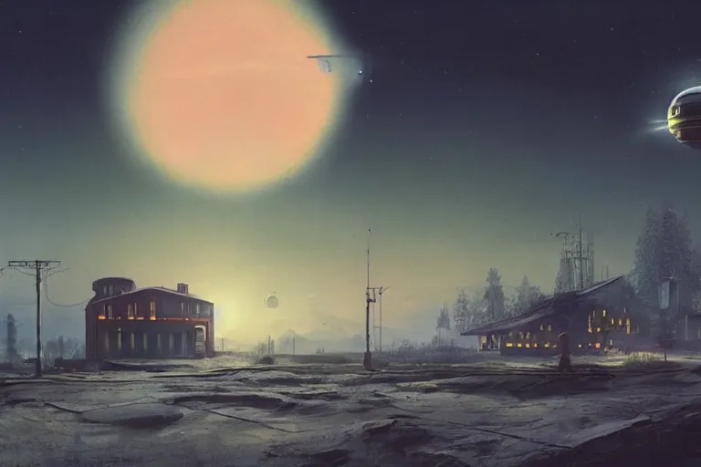 Image similar to a beautiful matte painting of a alien spaceship over the soviet village simon stalenhag and alan bean, trending on artstation, realistic rendering