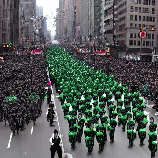 Image similar to a parade of the dead marching down 5 th ave manhattan on st. patrick's day, 8 k, photo realistic, extremely life like