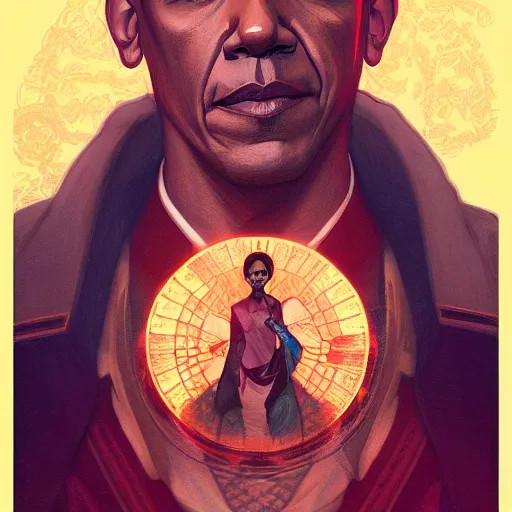 Prompt: a portrait of Obama, intricate, headshot, highly detailed, digital painting, artstation, concept art, sharp focus, cinematic lighting, illustration, art by artgerm and greg rutkowski, alphonse mucha, cgsociety