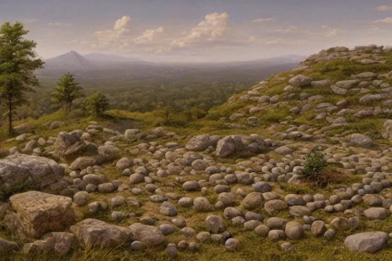 Image similar to a high hill landscape with a circle of large stones in the shape of fingers on the top, by ted nasmith