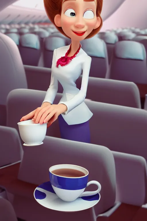 Prompt: portrait of female flight attendant holding white teacup with airplane seats in background, full body. pixar disney 4 k 3 d render funny animation movie oscar winning trending on artstation and behance, ratatouille style