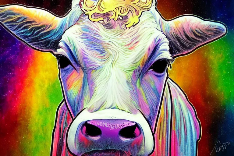 Image similar to ascend portrait of cow, in the style of rick sternbach and mark tedin and alphonse mucha, trending on artstation, soft lights product view crayon art, doge, dark academia, illustrator, impasto