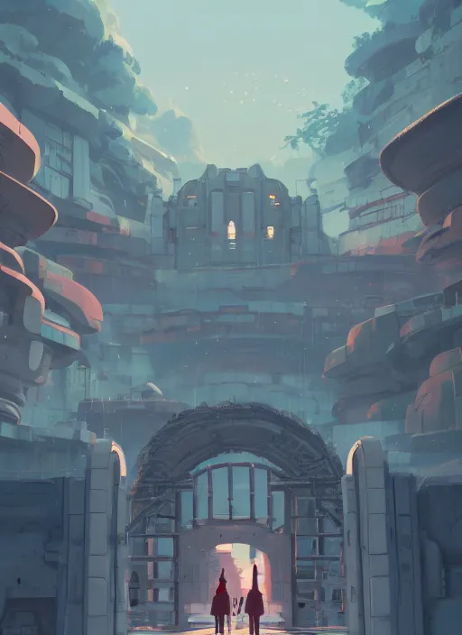 Image similar to warm canyon with giant gate entrance, nuclear powered, detailed, futuristic, cory loftis, james gilleard, atey ghailan, makoto shinkai, goro fujita, studio ghibli, rim light, exquisite lighting, clear focus, very coherent, plain background