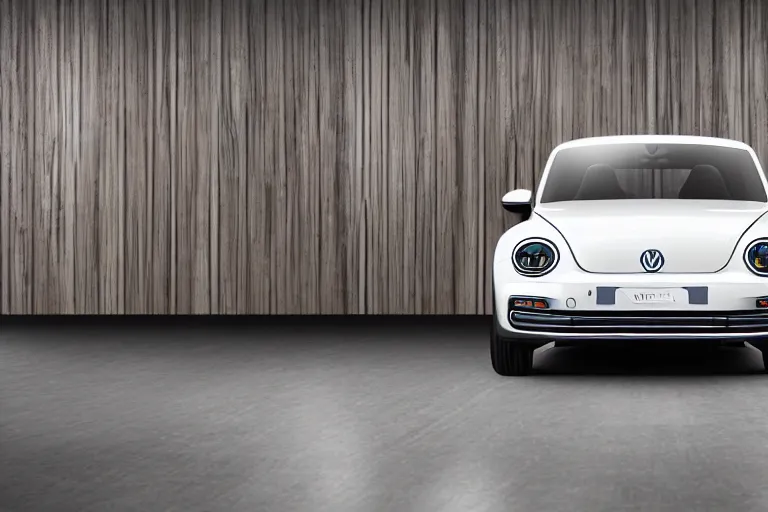 Image similar to Advertisement banner of the new electric Volkswagen Beetle 2023, silver chrome color, minimalist lines, gullwing side doors open!!! wooden interior, retro futuristic style!!!!! 4k,professional photograph, award winning advertising, creative