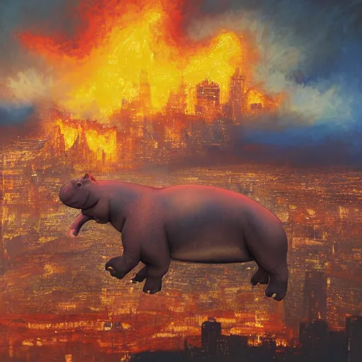 Image similar to Giant hippo over a city in flames, highly detailed painting, 4k, soft light