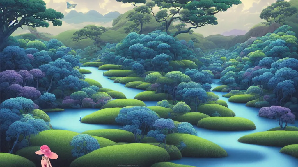Prompt: digital painting of a lush river valley by gerald brom. blue river. spring day. chiho aoshima. digital render. detailed. beautiful landscape.