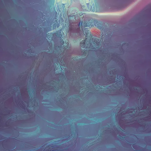 Image similar to Just living in the database as the madness of the system grows, flashback into a realm of tendril chains of cold by psychedelic james jean, Ruan Jia, Peter Morhbacher, rendered in hyperdetailed Ultra HD, trending on ArtStation, luminous