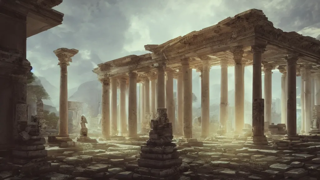 Image similar to ancient temple in ruins with impeccably clean white marble columns, glowing golden statues, by sylvain sarrailh, rossdraws, ambient light, ultra detailed, fantasy artwork, 8 k, volumetric lighting, trending on artstation, award winning, very beautiful.